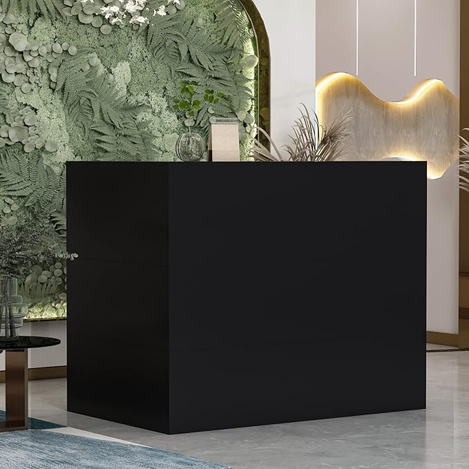 Homsee Reception Desk L-Shaped Office Desk with Counter 1 Door Storage Cabinet 1 Lockable Drawer Hutch Shelf and Keyboard Tray Black