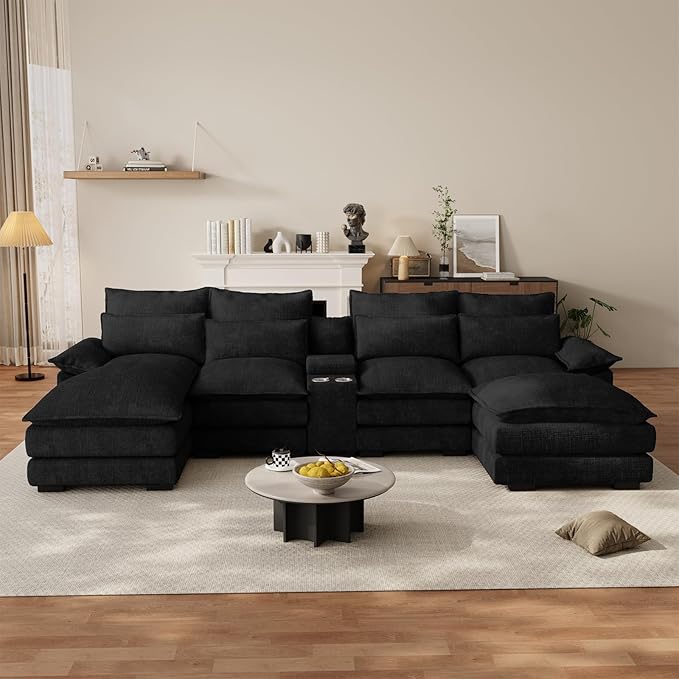 OUYESSIR 135 U Shaped Sectional Cloud CouchBlack Sectional Couches for Living RoomComfy Fluffy Chenille Oversized Cloud CouchModular Sectional Sofa with Central Console &amp Double Chaise Lounge