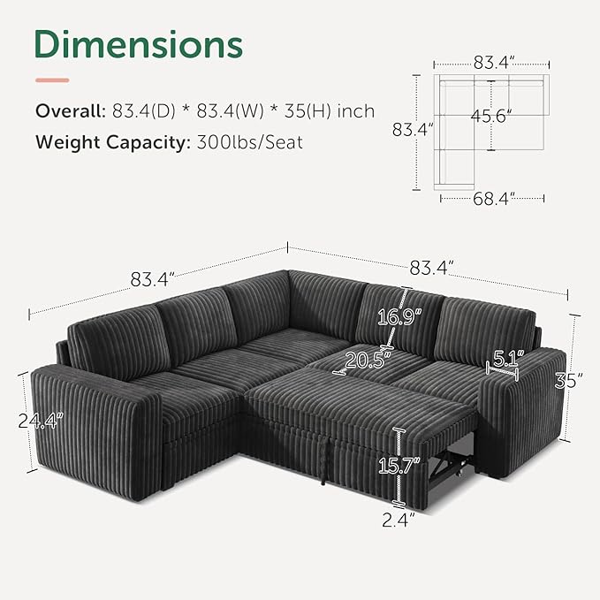 HONBAY Modular Sectional Sleeper Sofa with Pull Out BedCorduroy L Shaped Couch with Storage Sectional Couches for Living RoomDark Grey
