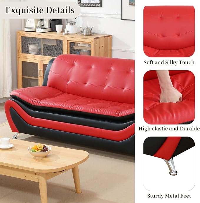 Modern Loveseat Sofa Red Faux Leather Loveseat Couch 2 Seater Sofa 62 Inch Couch Button Tufted Seat Cushion Sectional Couches Living Room Furniture Sets
