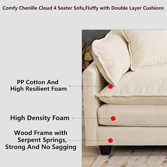 Aoowow Modular Sectional 4 Seater Cloud Sofa Couch for Living Room149.6 Beige Cloud Sofas with Deep SeatModern Chenille 4 Seat SofasFluffy Cloud Couches for BedroomOfficeHotel (Beige 4 Seater)