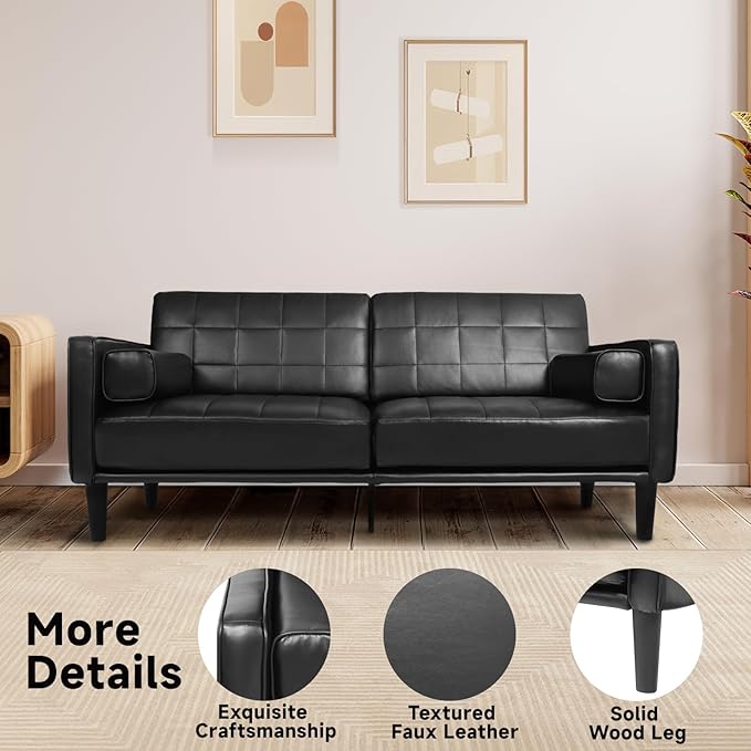 70” Mid-Century Modern Couch Breathable Faux Leather Couch with Upholstered Cushions/Pillows Loveseat Sofas &amp Couches for Living Room (Black)