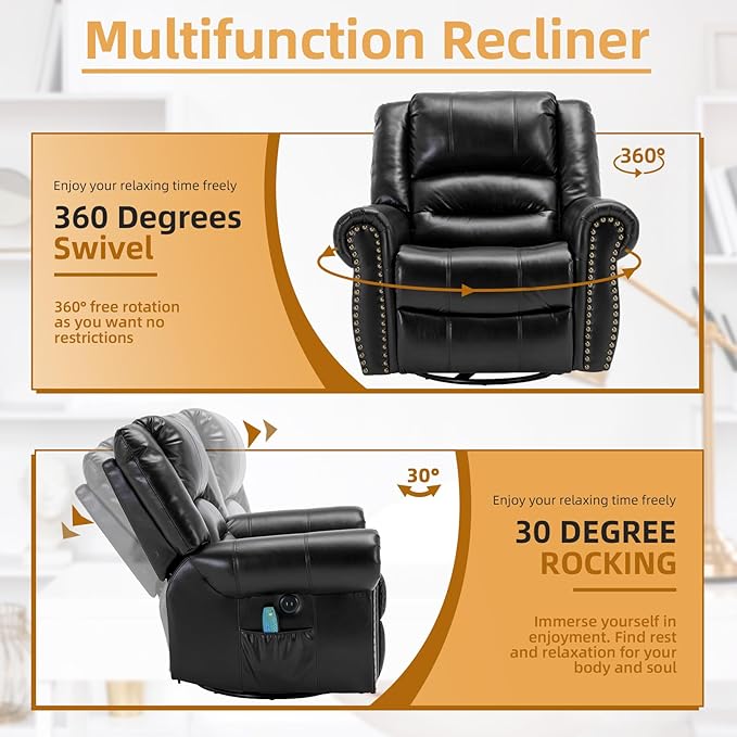 Manual Massage Recliner with Heating Function 360° Swivel Glider Rocking Recliner Chair for Living Room Ergonomic Single Sofa Chair with Remote Control/USB Ports/Side Pockets(Black)