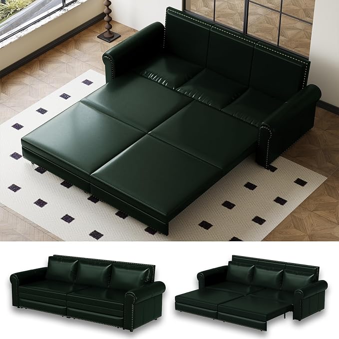 93.7 King Size Sleeper Sofa Bed Pull Out Sofa Bed Faux Leather Upholstery 3 in 1 Convertible Sleeper Couch Chaise Lounge Retro Recliner for Living Room Office Apartment Green