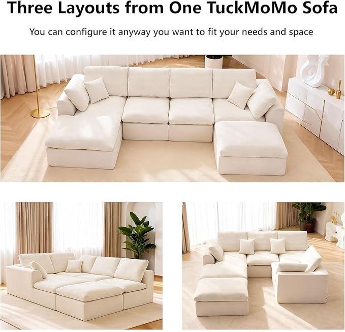 U Shaped Sectional Couch with Movable Ottoman 137.8 Inch Modular Sectional Sofa with Comfy Deep Seat 4-Seater Convertible Boneless Couches for Living Room Warm White