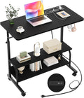 Armocity Rolling Standing Desk with Power Outlets 32 Manual Height Adjustable Mobile Computer Desk with Wheels Small Portable Sit Stand Laptop Couch Table for Bed &amp Sofa Home Office Black