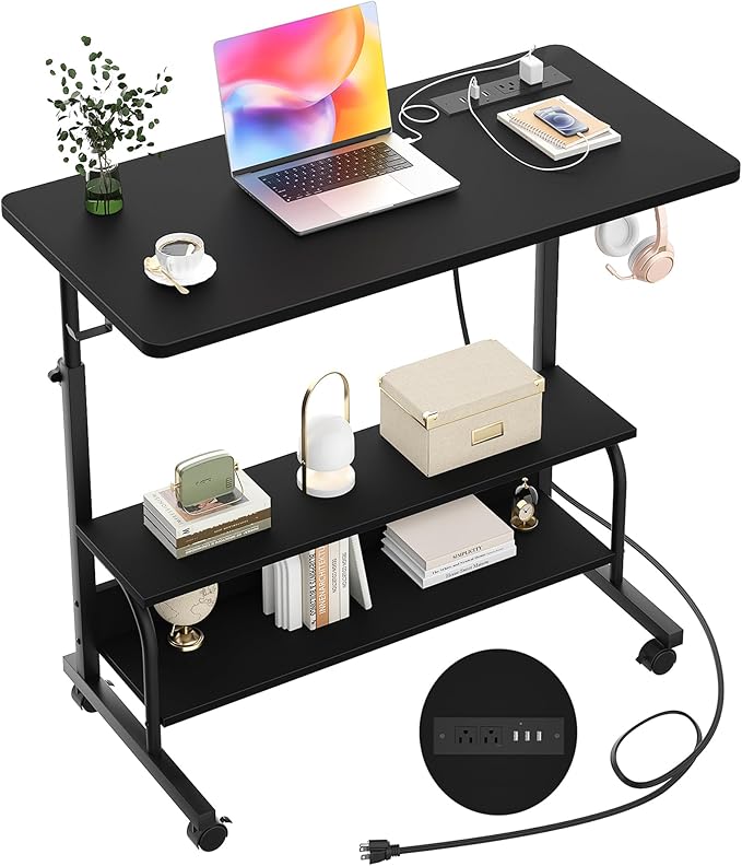 Armocity Rolling Standing Desk with Power Outlets 32 Manual Height Adjustable Mobile Computer Desk with Wheels Small Portable Sit Stand Laptop Couch Table for Bed &amp Sofa Home Office Black