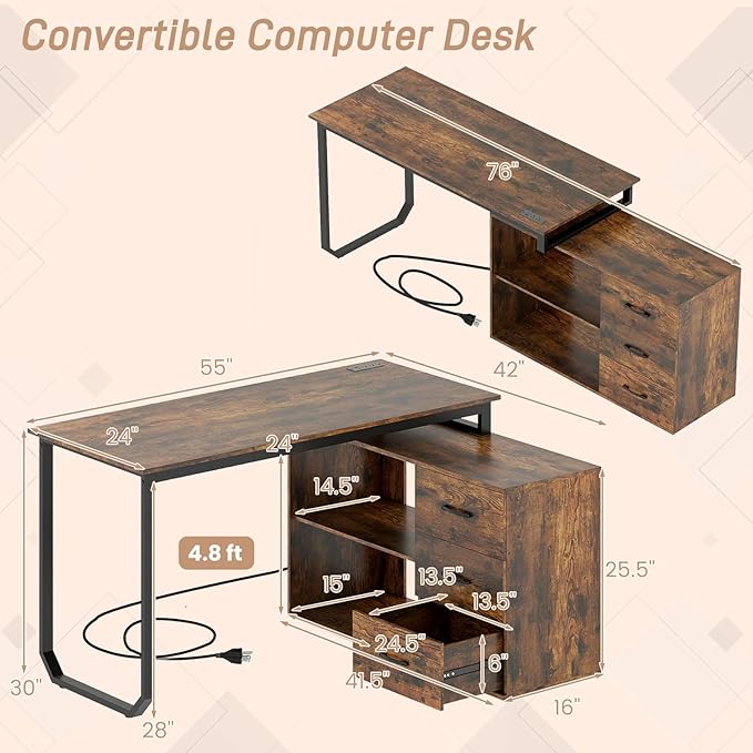 GOFLAME Reversible L Shaped Computer Desk with Charging Station 55” Home Office Desk with 3 Drawers 3-Level Adjustable Shelf Convertible Study Writing Desk for Small Space Rustic Brown