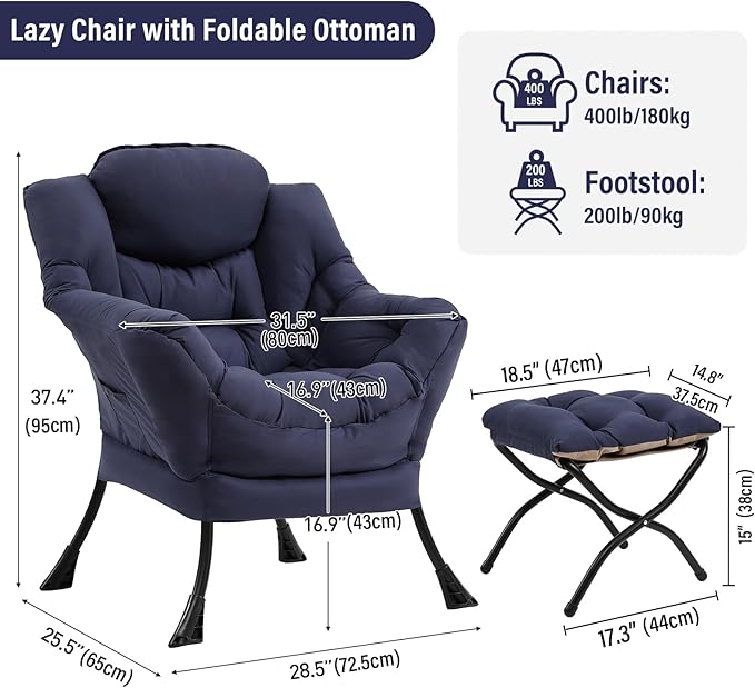 Lazy Chair with Ottoman Modern Accent Chairs with Folding Footrest Navy Blue Sofa Chair Set Comfortable Reading Chairs Oversized Armchairs for Bedroom Study Living Room Courtyard