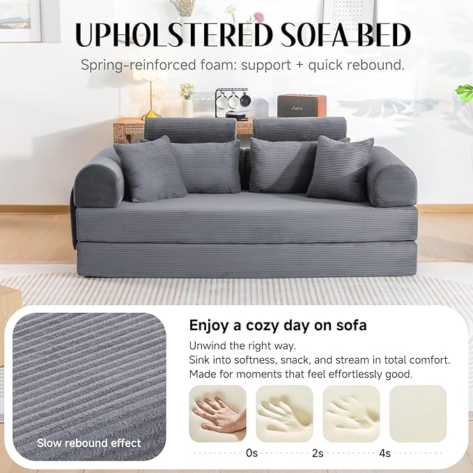 Upgrade Sofa Bed Convertible Boneless Couch for Small Spaces with High Backrest Design Fixed-Shape Frame &amp Removable Armrests and Backrest 2 Corduroy Pillow Dark Gray