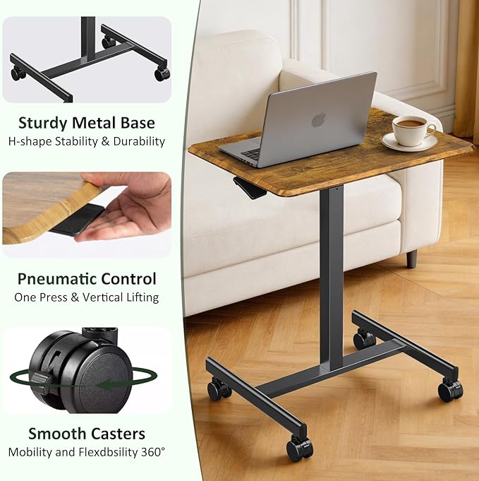 Adjustable Height Mobile Standing Desk with Lockable Casters Rolling Sit Stand Laptop Computer Desk Portable Compact Workstation for Home Office Dorm Brown