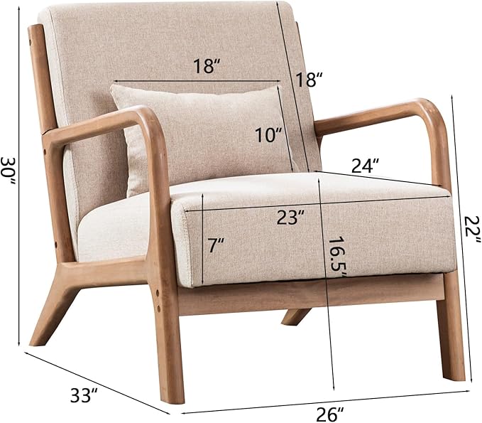 INZOY Mid Century Modern Accent Chair with Wood Frame Upholstered Living Room Chairs with Waist Cushion Reading Armchair for Bedroom Sunroom (Beige)