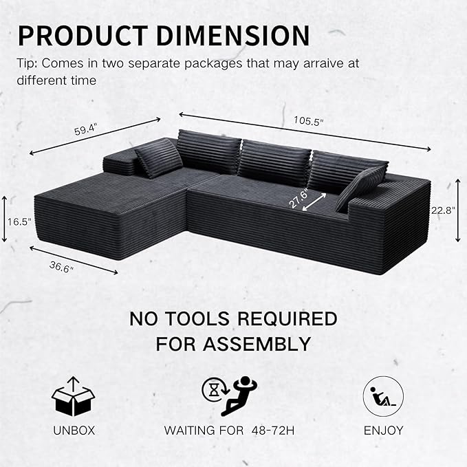 AreShark 105.5 Modular Sectional Sofa L-Shape Modular Cloud Sofa with Deep Seat for Living Room Bedroom Upholstered Couches No Assembly Required Black Left Hand Facing