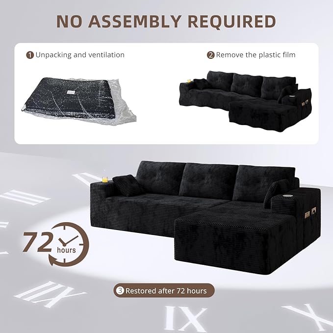 109 Boneless Couches for Living Room Modular Sectional Sofa with Oversized Chaise L-Shape Cloud Couch with Deep Seat (Black Right Facing Chaise)