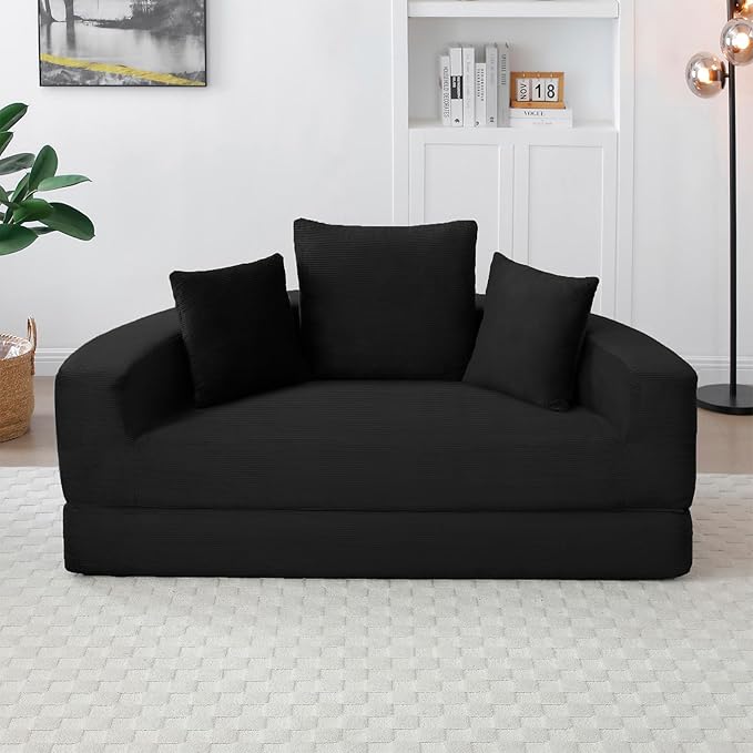 67-inch Convertible Futon Sofa Bed Round Folding Comfy Corduroy Upholstered Couch Bed with 3 Pillows Boneless Floor Lazy Loveseat Sofa for Living Room Apartment Small Spaces Pinstripe Black