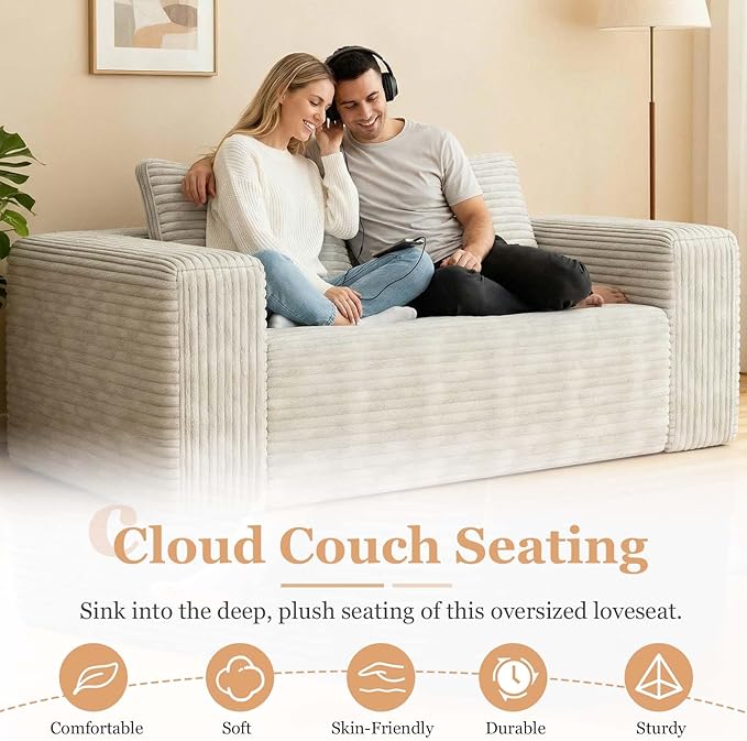 63 White Boneless Couches for Living Room Compressed Sofa Couch in a Box Corduroy Memory Foam Floor Couch for Adults Memory Foam Deep Seat No Assembly Required (White)