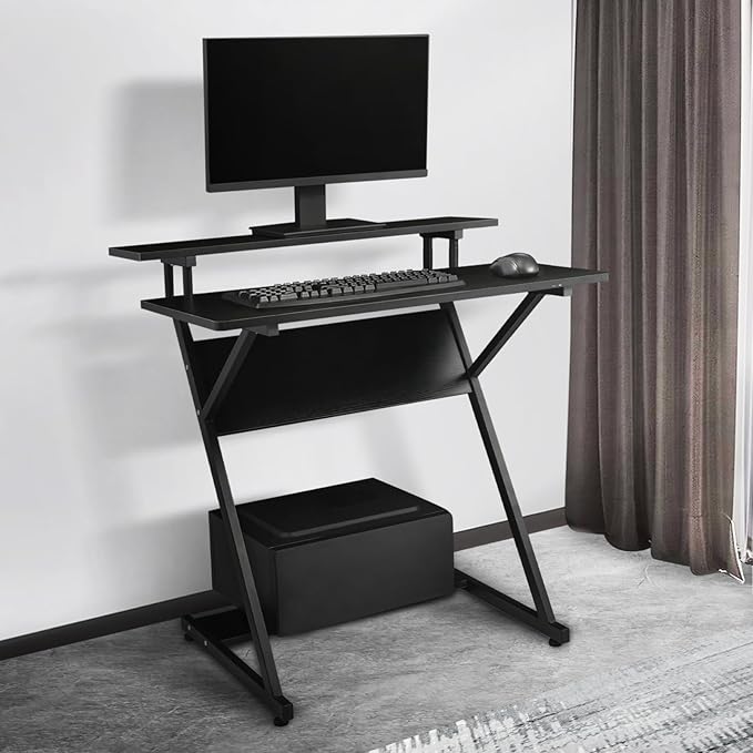 Athena Collection Gaming Desk Z-Shaped Computer Desk with Shelves Small Desk Standing Desk Gaming Table Metal Frame Wood Writing Desk for Bedroom Office Living Room Black