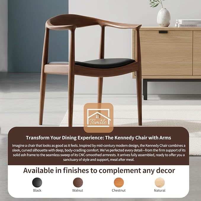 Tomile Hans Wegner Kennedy Armchair Mid Century Modern Upholstered Dining Chair with PU Leather Cushion Solid Wood Frame and Curved Backrest Fully Assembled Kennedy Chair for Dining Room (Walnut)