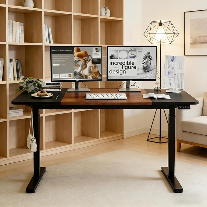 Electric Standing Desk 55 x 24 Inch Height Adjustable Desk Sit Stand Desk with Type-C Charging and Memory Preset Computer Desk for Home Office (Black + Brown)