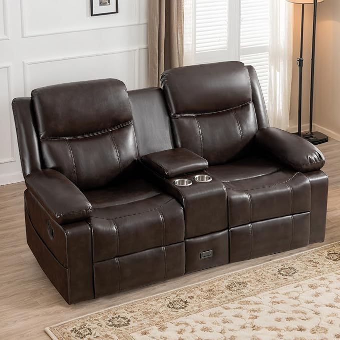 Loveseat Recliner Sofa with Massage &amp Heating Reclining Loveseat with Console RV Wall Hugger Double Loveseat Recliner Couch for Living Room &amp Home Theater (Brown)