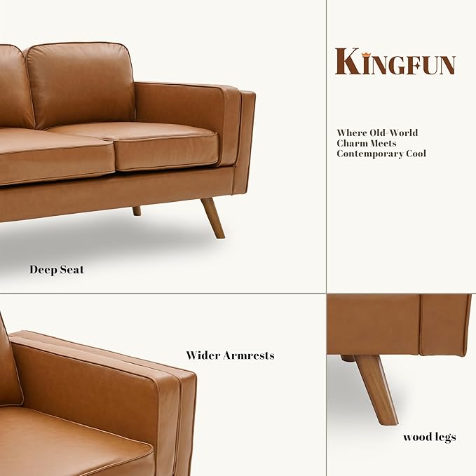 Kingfun Living Room Furniture Sets Loveseat with Ottoman Mid Century Modern Sofa Set Faux Leather Couch with Solid Wood Frame for Living Room &amp Bedroom Brown