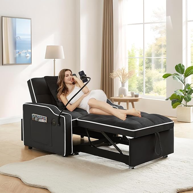Convertible Sleeper Sofa Chair Bed 3 in 1 Velvet Single Small Futon Sofa Bed with Phone Holder &amp USB PortsPull Out Couch Recliner with Adjustable Backrest for Living Room Office Small Place(Bl