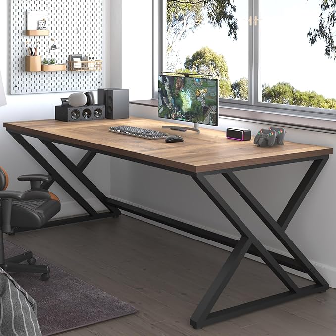 LVB Rustic Large Computer Desk Extra Long Industrial Home Office Desk Wood Pc Writing Work Study Computer Table Desk Farmhouse Workstation Gaming Executive Desk for 2 Person Rustic Oak 78.7 Inch
