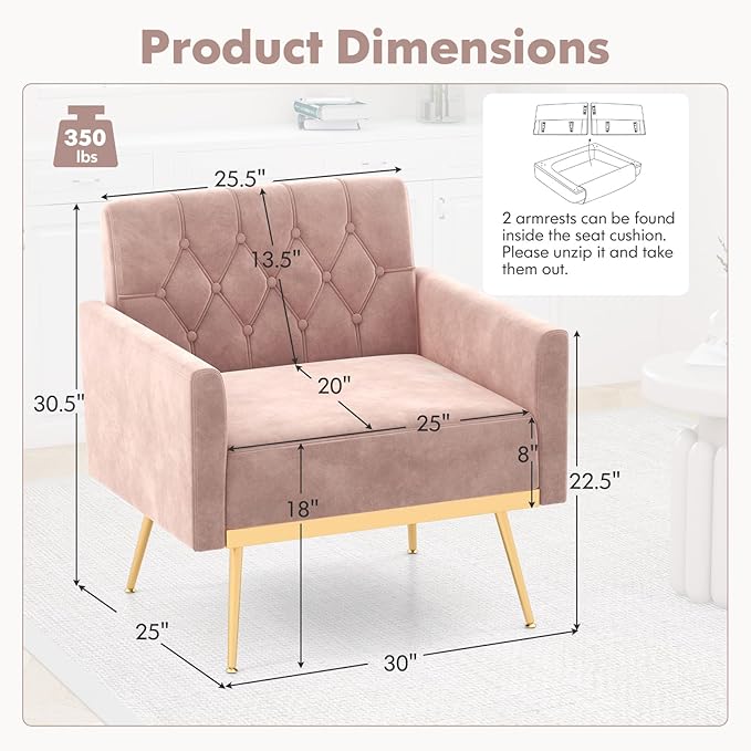 Modern Accent Chairs for Living Room Mid-Century Velvet Upholstered Arm Chair w/Gold Metal Legs Comfy Reading Armchair Tufted Single Sofa Chair Couch for Bedroom Office (2Pink)