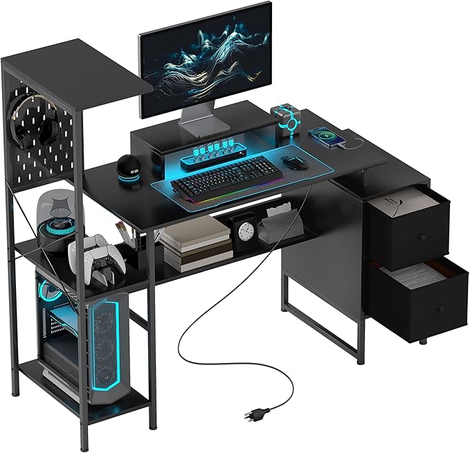 HOMCOM 56 Gaming Desk with Monitor Stand Power Outlets and LED Lights Computer Desk with Storage Shelves Fabric Drawers 2 CPU Stands Pegboard for Home Office Black