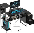 HOMCOM 56 Gaming Desk with Monitor Stand Power Outlets and LED Lights Computer Desk with Storage Shelves Fabric Drawers 2 CPU Stands Pegboard for Home Office Black