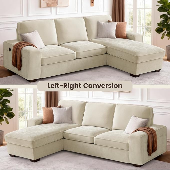 PARKOL 99 L-Shaped Sectional Couch with Storage Sofa with Reversible Chaise USB Type-C Charging Chenille Fabric Removable Cushion Covers for Small Space Apartment Living Room Beige