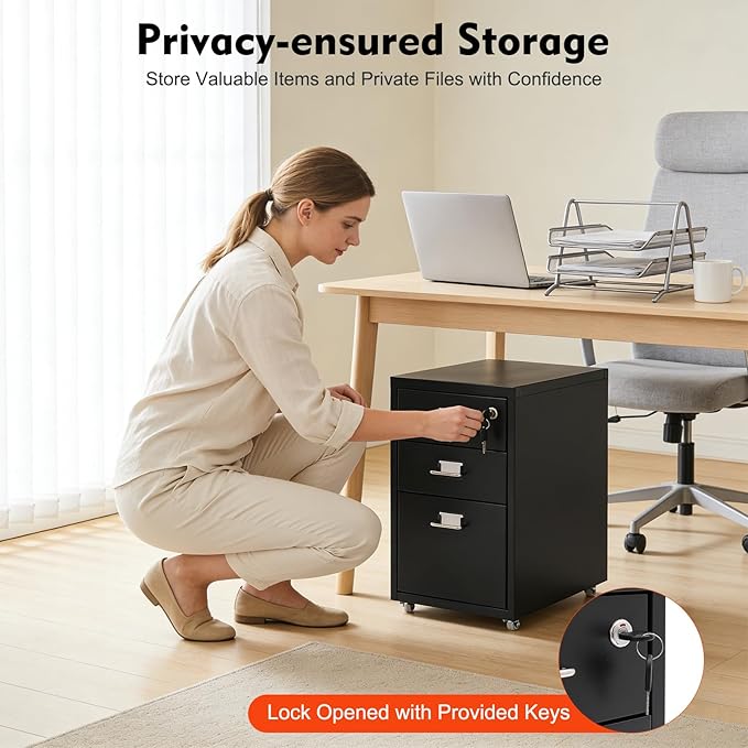 3-Drawer Metal File Cabinet Mobile File Cabinet with Lock Rolling Vertical Filing Drawers Under Desk for Home Office 11 * 16 * 18.3in (Black)