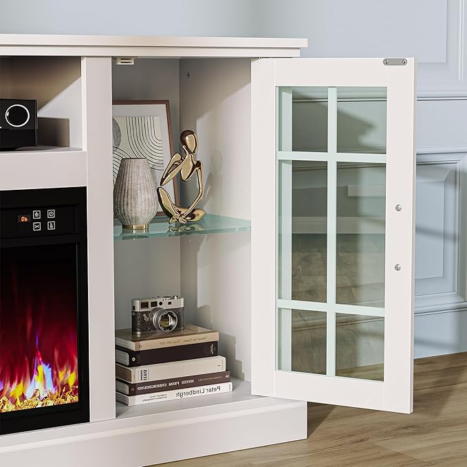 Rolanstar Fireplace TV Stand with Led and Power Outlets White Entertainment Center with 26 Electric Fireplace for 45/50/55/60/65 inch TVs Modern TV Console with Storage Cabinet for Living Room