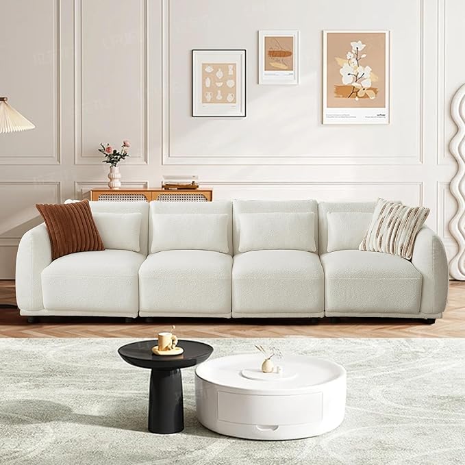 Boucle Sectional Couches for Living RoomComfy Upholstered Modular Sectional SofaU Shaped CouchL Shape Sofa with Removable Ottoman.(4Seats-Beige White)