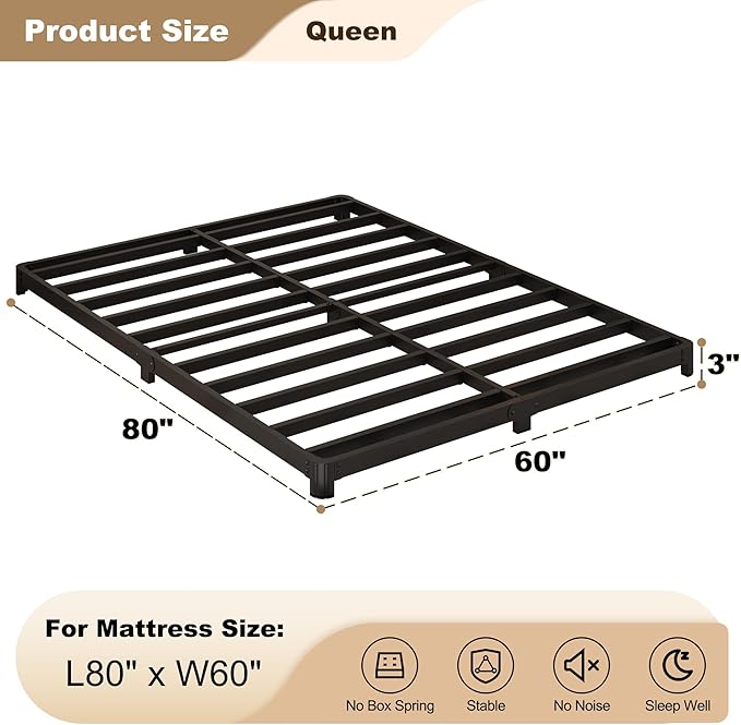 3 inch Low Bed Frame Queen Size with Rounded Corner Heavy Duty Metal Easy Assembly Noise Free Black