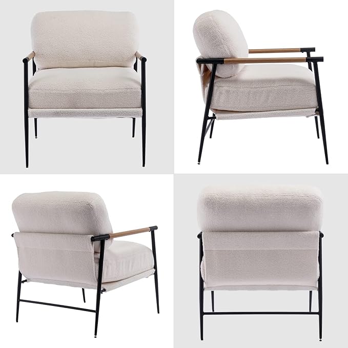 DUOMAY Mid-Century Modern Accent Chair Comfy Sherpa Sofa Lounge Chair Reading Corner Chair for Living Room Bedroom Office Mid-Back Arm Chair with Black Metal Leg White