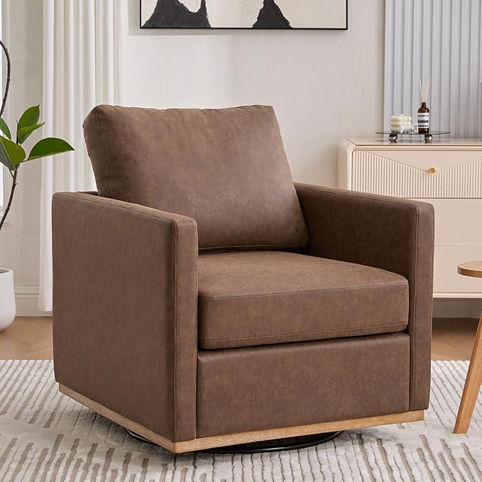 360° Swivel Accent Chair Square Modern Comfy Chair with Metal Base &amp Thicked Cushion Upholstered Lounge Reading Armchair Cozy Cloud Sofa Chairs for Living Room Bedroom Office Club(PU Coffee
