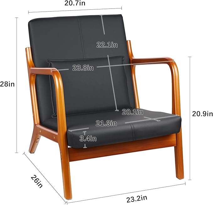 VECELO Mid-Century Modern Accent Chair with Faux Leather Cushion &amp Solid Wood Frame Lounge Armchair for Living Room Bedroom Office Black