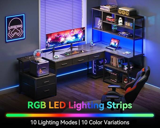 AODK 79 inch L Shaped Desk with 5 Drawers Reversible L Shaped Gaming Desk with LED Light &amp 2 Power Outlets Computer Desk with Storage Shelves for Home Office Grey Oak