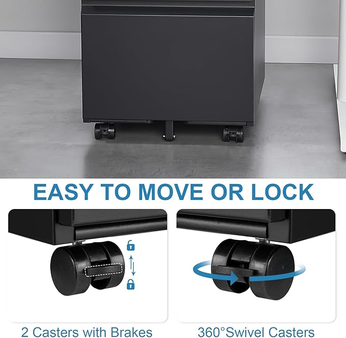 2 Drawer File Cabinet with Wheels Locking Office File Cabinet Mobile Filing Cabinets for Home Office Metal Vertical File Cabients for A4 Letter Legal Size Documents (2 Drawer Black)