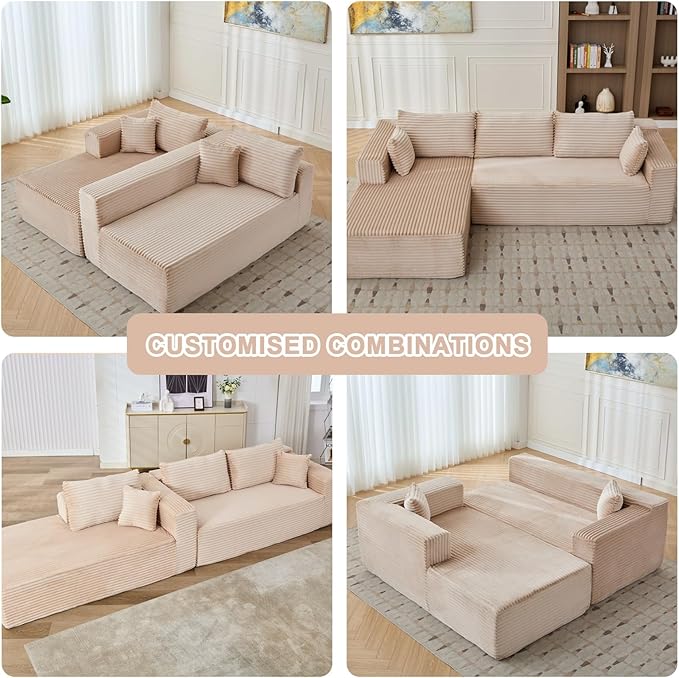 110 Modular Sectional Sofa with L-Shape Chaise Boneless Cloud Couch with Deep Seat Sponge Compression Sofas No Assembly Required Upholstered Couches for Living Room Bedroom (Corduroy Beige)