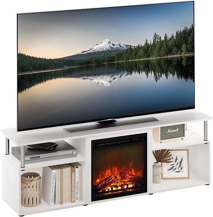 Furinno Jensen Open Storage Fireplace Entertainment Center for TV up to 70 Inch with Stainless Steel Tubes White Oak/Chrome