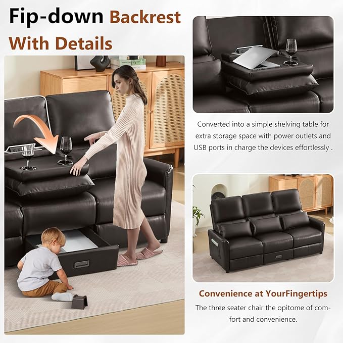 Reclining Loveseat Sofa 3 Seat Manual Recliner Couch with Flip Middle Backrest Console Wall Hugger Storage Drawer &amp Cup Holder for RV &amp Living Room Seating (Dark Brown 3 seat)