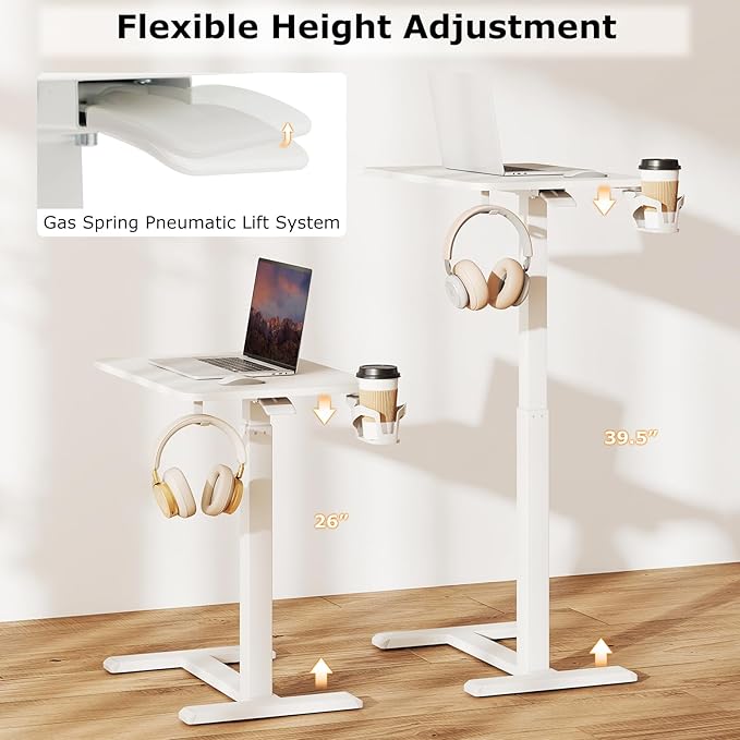 Tangkula Mobile Standing Desk Pneumatic Height Adjustable Rolling Desk with Cup Holder &amp Headphone Hook Overbed Table with Hidden Wheels Laptop Computer Cart for Couch Home Office (White)
