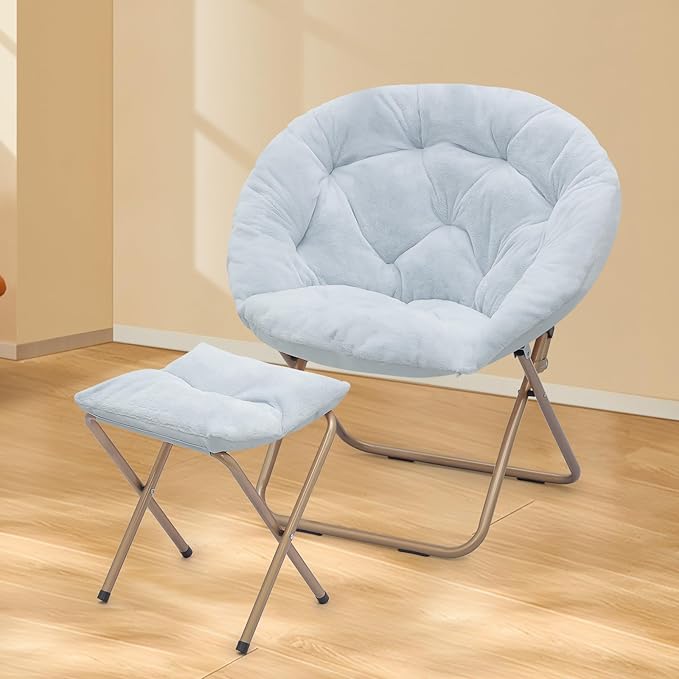 Athena Collection Round Saucer Chair with Ottoman Set of 2 for Adults Oversize Comfy Cozy Faux Fur Folding Reading Chair with Metal Leg Lazy Relaxing for Living Room Bedroom Dorm Apartment Blue