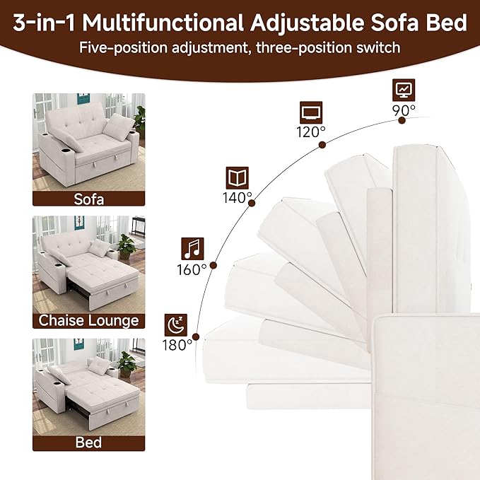 Loveseat Sofa Bed 3-in-1 Convertible Sleeper Sofa Chenille Fabric Pull Out Couch with USB Charging Ports 5 Level Adjustable Backrest Cup Holders for Living Room Sunroom Study Beige