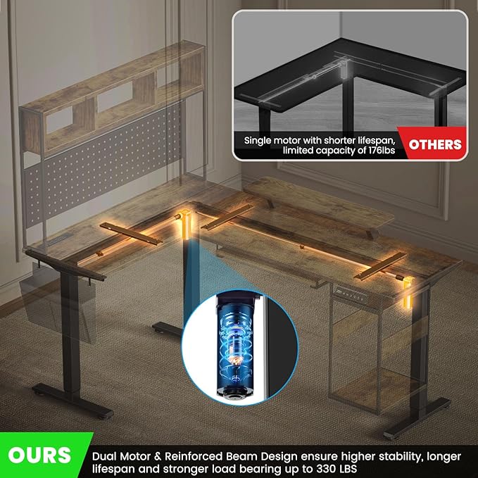 Flycity Electric L Shaped Standing Desk Adjustable Height 67 x 47 Corner Computer Desk with Host Shelf Gaming Desk with LED Lights &amp Power Outlet Dual Motor Home Office Desk with Storage Bro