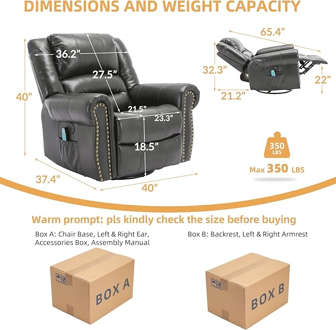 Manual Massage Recliner with Heating Function 360° Swivel Glider Rocking Recliner Chair for Living Room Ergonomic Single Sofa Chair with Remote Control/USB Ports/Side Pockets(Gray)