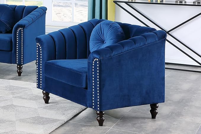 Chesterfield Chair Couch 40 Inch Luxurious Velvet Single Chair Chesterfield Settee Sofa Upholstered Rolled Arm with Rivets/Button Tufted Pillow Modern Sofa for Living RoomBlue