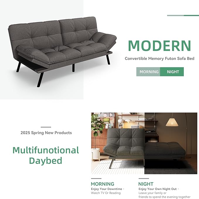 Opoiar Convertible Futon Sofa Bed71 Memory Foam Futon CouchDetachable CushionAdjustable Backrest &amp ArmrestLinen Modern Loveseat Sleeper Recliner for Living RoomOfficeApartmentRetro Grey